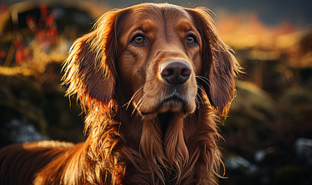 A dogs face is shown in sharp detail with a blurred background.の素材