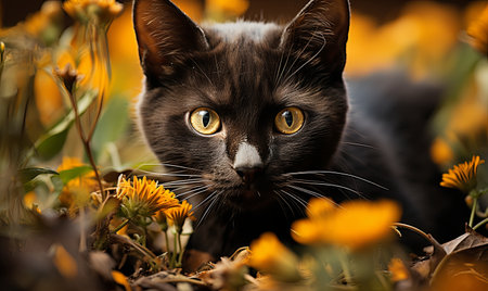 A close-up of a black cat surrounded by a field of colorful flowers.の素材
