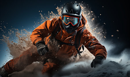 A man wearing an orange snow suit is snowboarding down a snowy slope.の素材