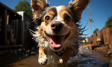 A brown and white dog energetically runs through a body of water with splashes around.の素材
