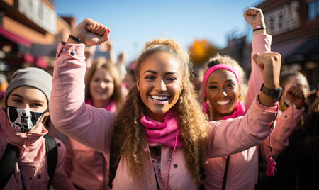 Several women dressed in pink jackets and scarfs standing together in a group.の素材