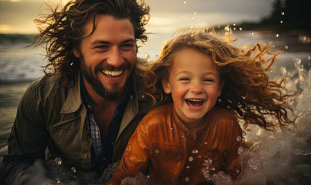 A man and a little girl joyfully playing in the water at the beach on a sunny day.の素材