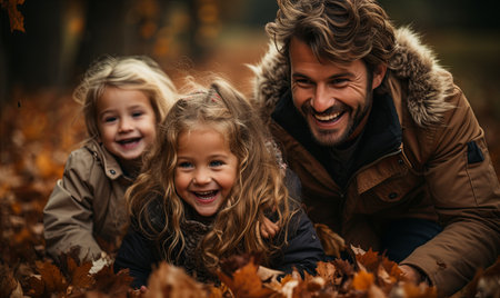 A man and two little girls laying down in a pile of autumn leaves.の素材