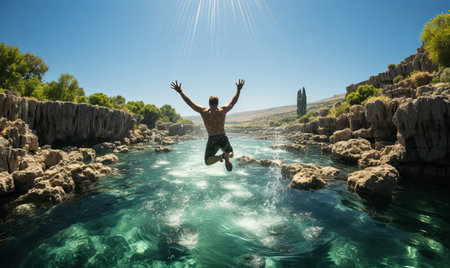 A man is leaping off a high cliff into a flowing river below.の素材