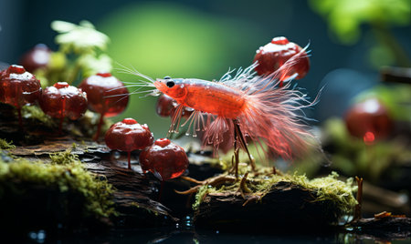 A shrimp close up on a textured mossy surface in a natural habitat.の素材