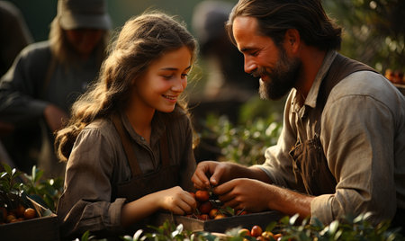 A man and a young girl are picking ripe berries from a bush in a lush green field.の素材
