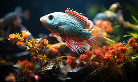A fish gracefully swims in a body of water, showing its sleek movements and aquatic habitat.の素材
