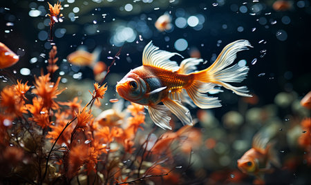 A goldfish gracefully gliding through an aquarium teeming with vibrant orange flowers.の素材