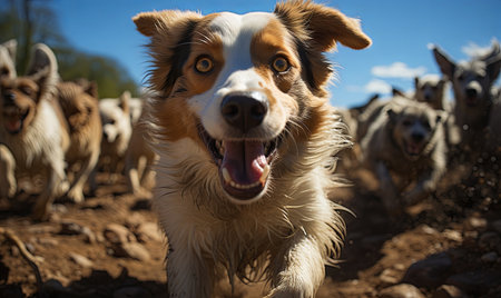 A dog energetically dashes through a group of cows in a field.の素材