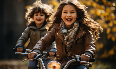 Two young girls enjoying a ride on a motorcycle, sitting closely together and holding onto the handles.の素材