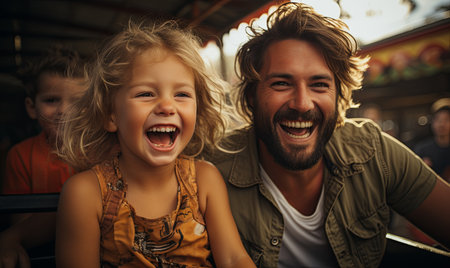 A man and a little girl are joyfully laughing together, sharing a moment of happiness and connection.の素材