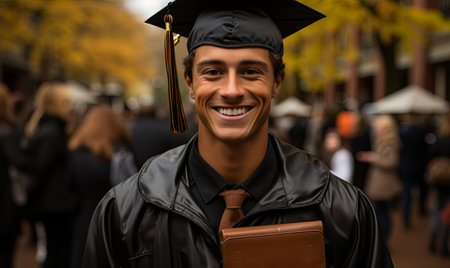 A man wearing a graduation cap and gown holding a book in his hands.の素材