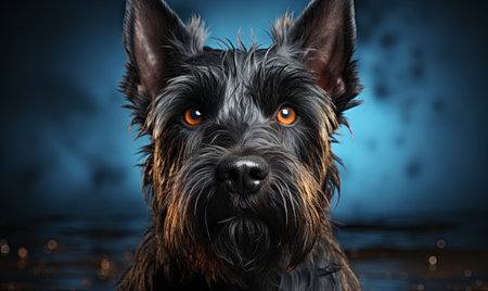 A detailed view of a dog set against a solid blue backdrop.の素材