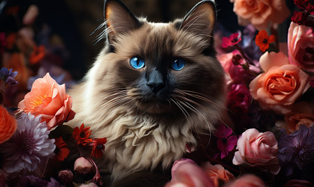 A cat with striking blue eyes sits amidst a vibrant array of flowers in full bloom.の素材