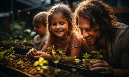 A man and a little girl stand together, studying various plants in a garden or park.の素材