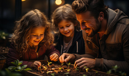 A man and two young girls are attentively looking at various plants in a garden or botanical setting.の素材