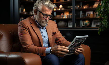 A man is sitting in a chair, looking intently at a tablet device in his hands.の素材