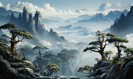 A painting depicting a mountainous terrain with a flowing river in the foreground.の素材