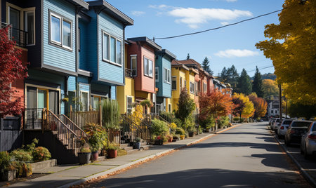 Collection of brightly colored houses in a row along a bustling city street.の素材