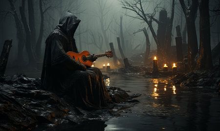 A man standing in a dark forest, playing a guitar.の素材