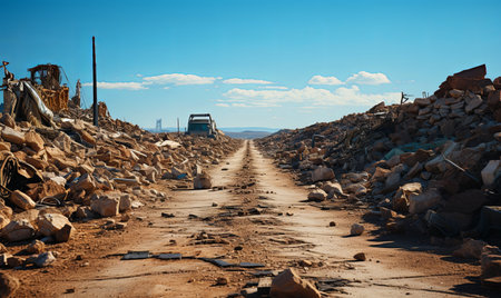 A dirt road winds through a landscape strewn with rocks and rubble, creating a rugged and challenging path.の素材