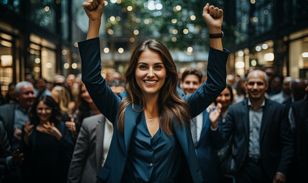 A woman energetically raises her hands in the air in front of a crowd of people at an event.の素材