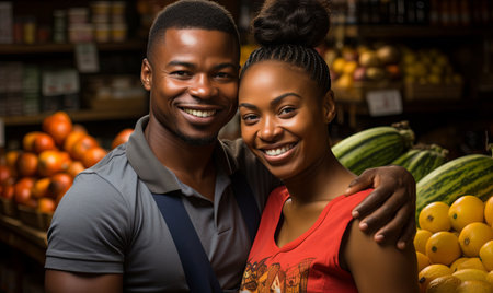 A man and a woman stand in front of a colorful fruit stand, selecting products.の素材