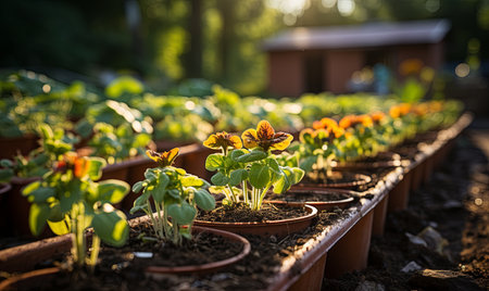 Several potted plants arranged neatly on a wooden table.の素材