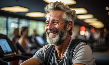 A man with gray hair and a beard smiles directly at the camera.の素材