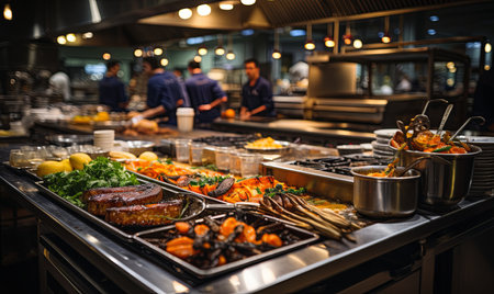 A bustling restaurant kitchen filled with an array of fresh ingredients and prepared dishes.の素材