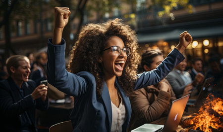 A woman joyfully raises her arms in the air in celebration.の素材