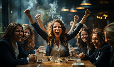 Several women are seated around a table, all raising their arms in unison.の素材