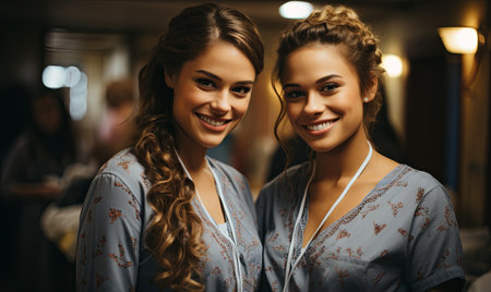 Two young women of diverse backgrounds standing next to each other smiling and looking at the camera.の素材