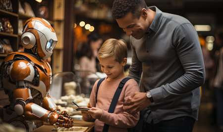 A man and a little girl standing next to a robot.の素材