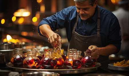 A man wearing an apron is actively preparing food in a kitchen setting.の素材