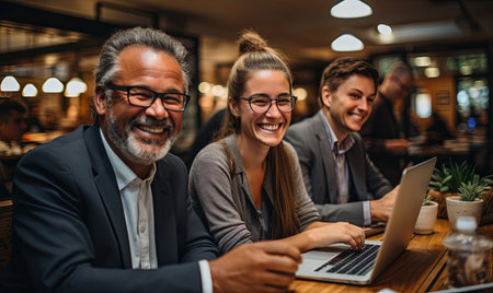 Team of diverse people gathered around a table, collaborating and working on a laptop together.の素材