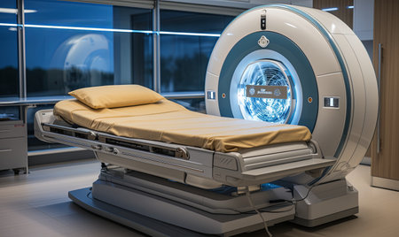 A hospital room featuring a centrally placed bed surrounded by medical equipment and furniture.の素材