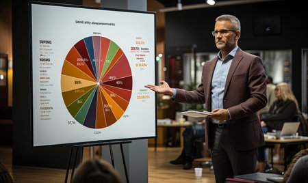 A man stands in front of a group of people, delivering a presentation with visual aids and engaging the audience.の素材