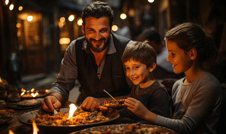 A man and two children are seated at a table, sharing a plate of food.の素材