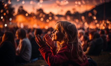 A girl seated in front of a group of people in an audience setting.の素材