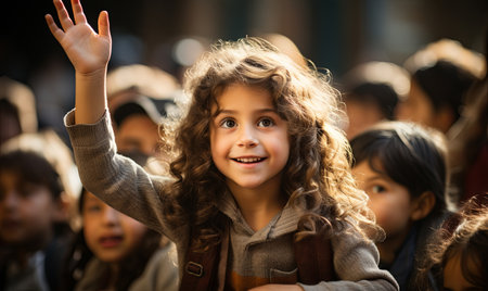 A young girl waving enthusiastically to a crowd of people, smiling and possibly participating in a parade or event.の素材