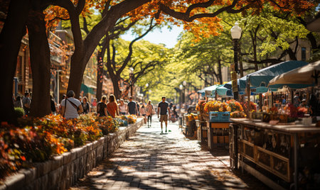 A group of individuals walking alongside trees on a street.の素材