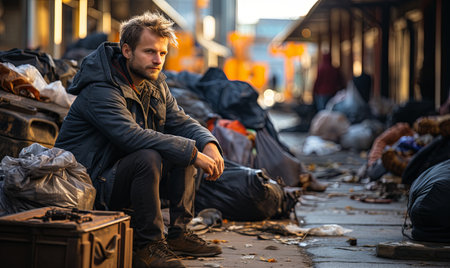 A man seated on the ground beside a stack of suitcases and bags.の素材