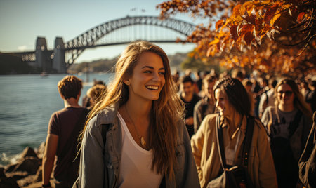 A diverse group of individuals standing close together by a body of water, talking and enjoying the view.の素材