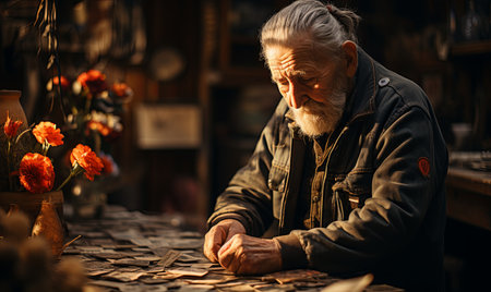 A man is seated at a table surrounded by various types of flowers.の素材