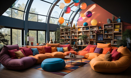 A lively living room showcasing a multitude of vibrant and colorful furniture pieces creating a cheerful and dynamic atmosphere.の素材