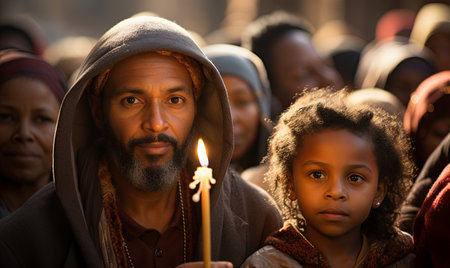 A man holds a candle in front of a crowd of people.の素材