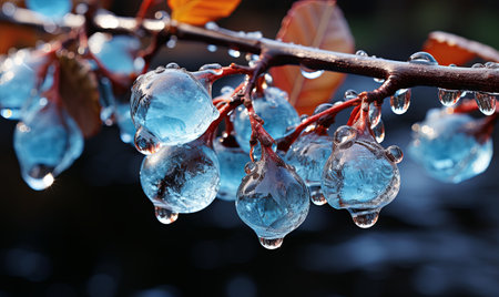 Clear water drops hang delicately from a tree branch, reflecting light and showing natures beauty.の素材