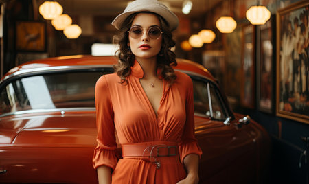 A woman wearing an orange dress and hat stands in front of a vibrant red car.の素材