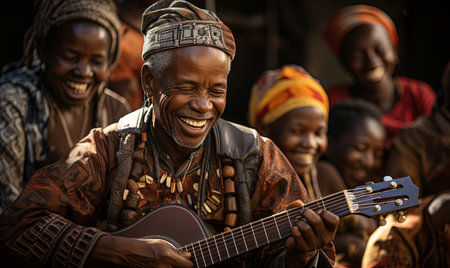 A man performs on guitar to a group of people, showcasing his musical talent and passion for music.の素材
